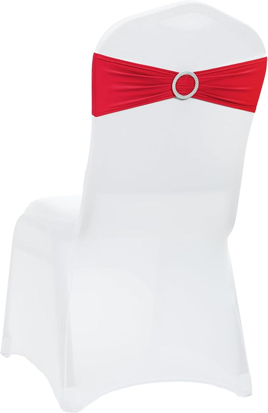 VDS - Red | Spandex Chair Sashes Bows | 50 PCS | Stretch Elastic Banquet Universal Folding Chair Band Tie with Silver Buckle Slider for Wedding Party Conference Celebration Event Decoration