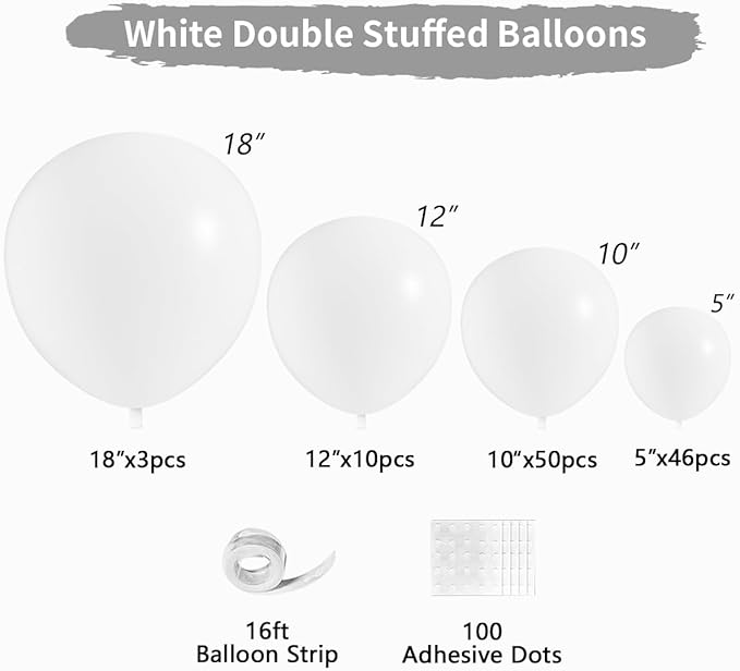 White Double Stuffed Balloons Different Size 115Pcs 5/10/12/18" White Balloon Arch Garland kit for Birthday Baby Shower Bridal Shower Gender Reveal Wedding Theme Party