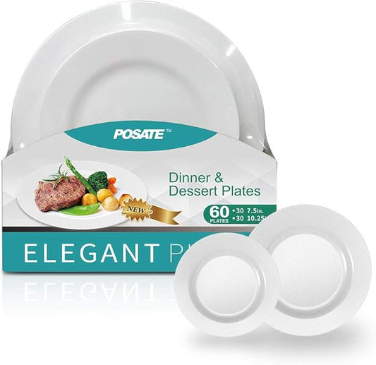 POSATE 60PCS White Disposable Plastic Plates, Heavy Duty Plates for Wedding/Party, 30PCS Dinner Plates 10.25’’ and 30PCS Dessert/Salad Plates 7.5’’, White Plates for Party Event