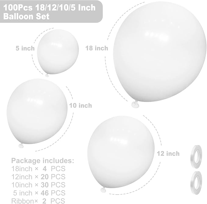 Isndare 100Pcs White Balloons, White Balloon Garland Arch Kit 18/12/10/5 Inch Pastel White Latex Balloon Different Sizes Pack for Birthday Wedding Baby Shower Graduation White Theme Party Decoration