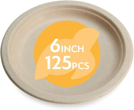 100% Compostable Disposable Paper Plates Bulk [6" 125 Pack], Bamboo Plates, Eco Friendly, Biodegradable, Sturdy Small Dessert Party Plates, Heavy-Duty, Unbleached by Earth's Natural Alternative