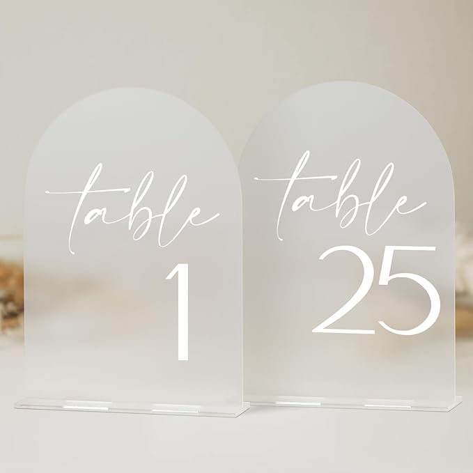 HOODO Frosted Arch Wedding Table Numbers 1-25 with Stands, 5"x7" Acrylic Arch Signs and Holders, Table Numbers for Wedding Reception, Party, Anniversary, Event