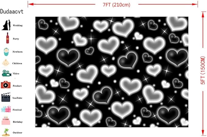Dudaacvt 7X5FT Black Heart Photo Backdrop 90s Backdrops for Photoshoot Valentine's Day Backdrop Women Men Happy Birthday Photography Background Banner Photo Booth Studio Props D695