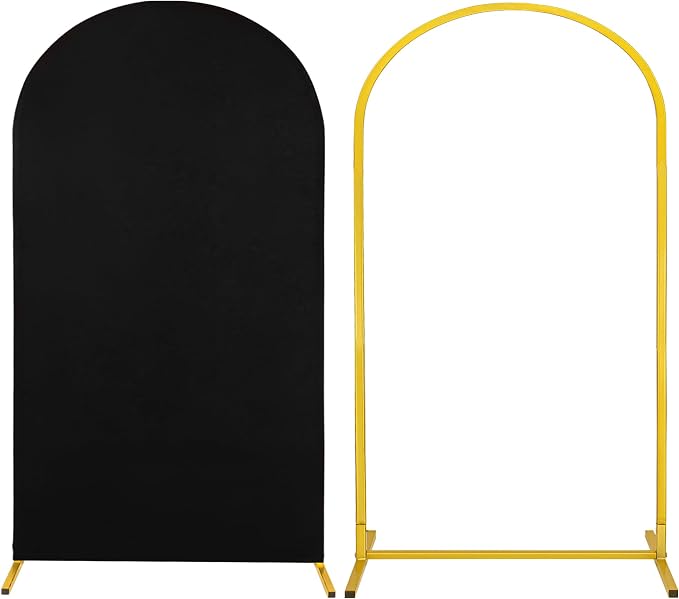 Metal Arch Stand and Cover Set,1 Black Spandex Fitted Backdrop with 1 Gold Wedding Arched Stand Frame for Parties Birthday Baby Shower Bridal Banquet Decoration (7.2FT)