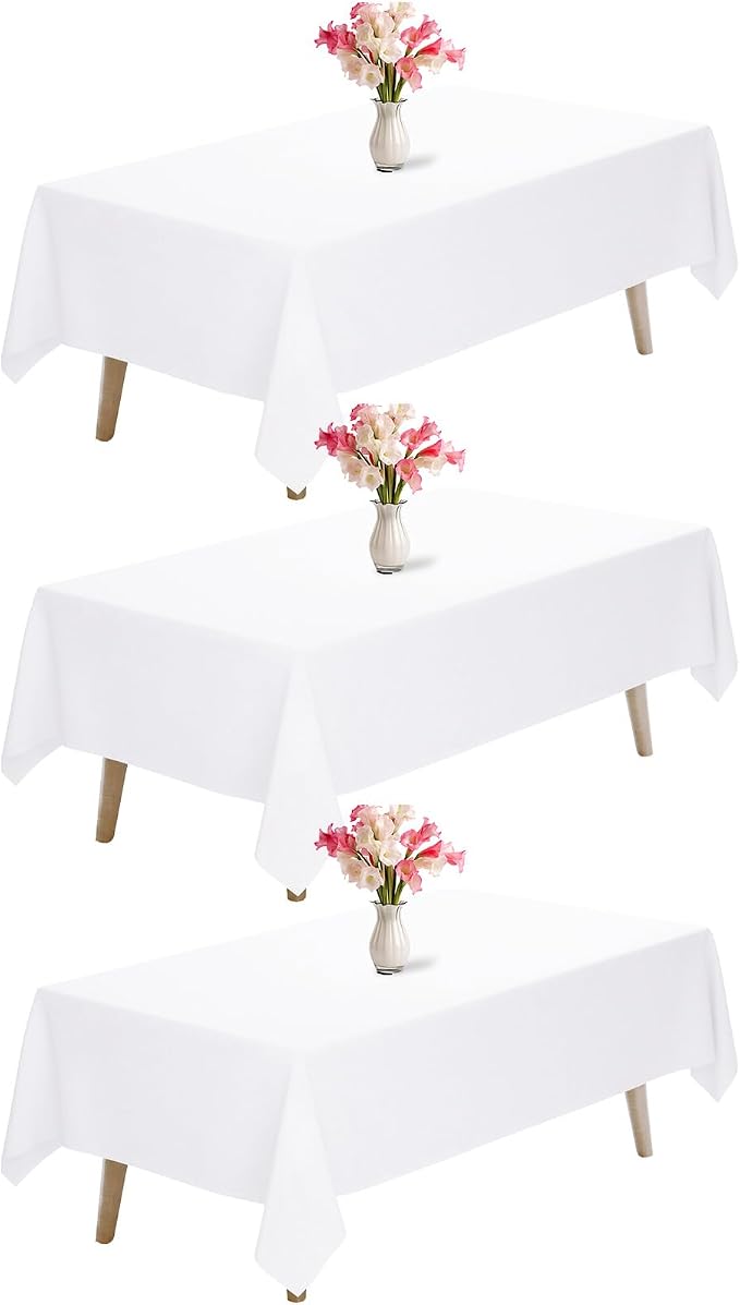Fixwal 3 Pack White 70 x 120 Inch Rectangle Tablecloths, Reusable Heavy Duty Washable Polyester Table Covers for 6-8 Ft Tables, Wedding, Party, Birthday, Outdoor, Camping