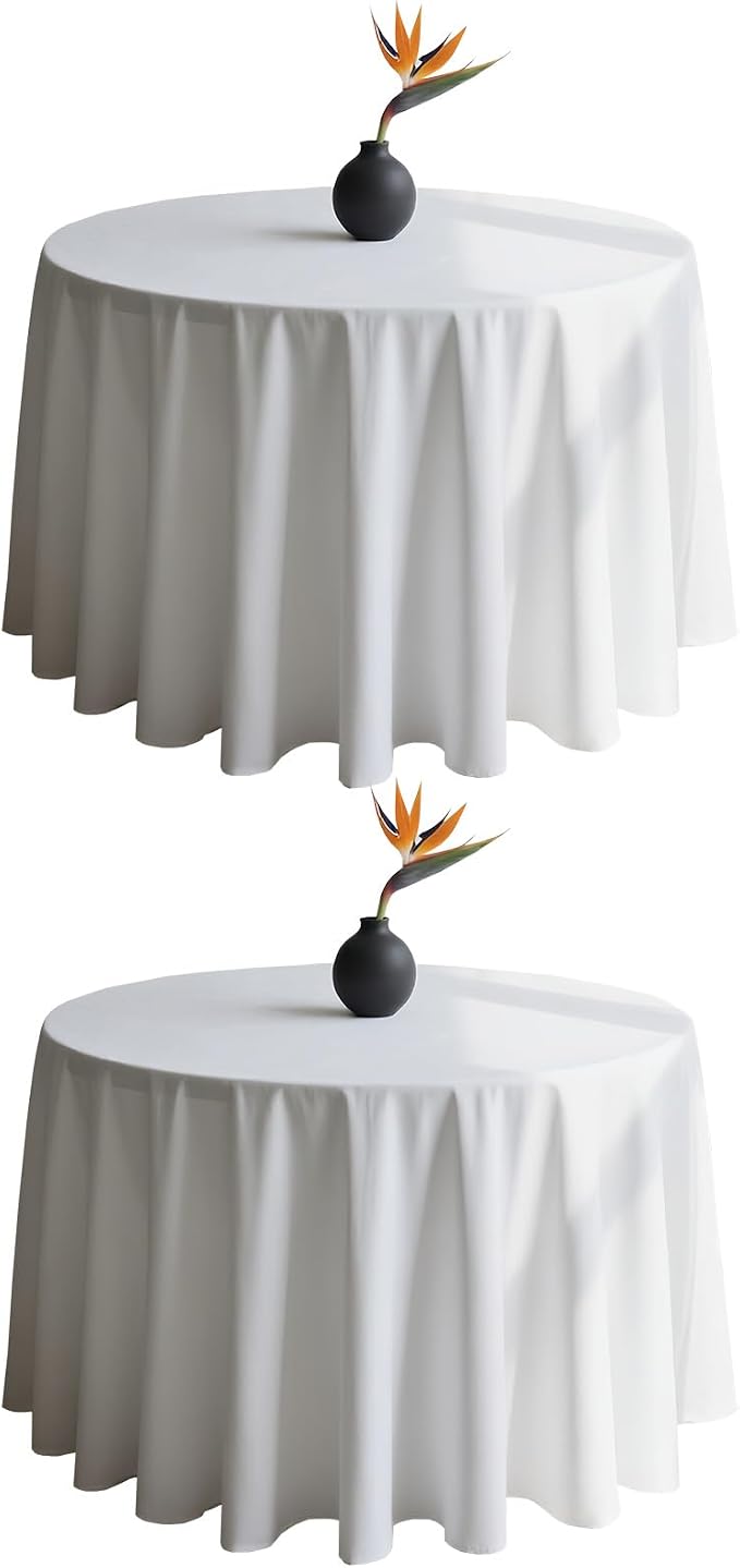 WIGENIUS 2 Pack White Table Cloth Round Tablecloths 90 Inch,Polyester Table Cloth for 5 Foot Round Tables,Wrinkle Resistant Washable Fabric Table Covers for Party,Wedding Banquet