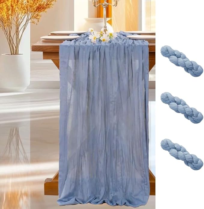 Cheesecloth Table Runner | Boho Fabric Cheese Cloth Table Runner Rustic Sheer Table Runners for Wedding, Bridal Shower, Birthday Party Décor(Dusty Blue,Pack of 3)