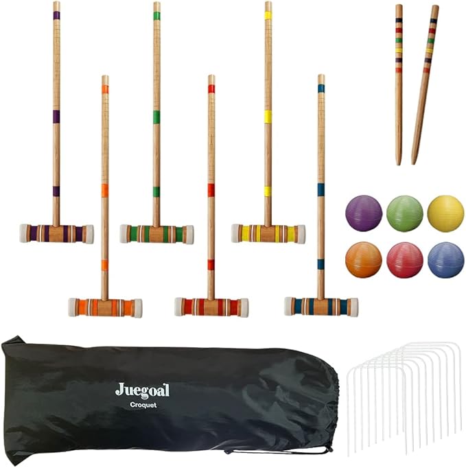 Juegoal Six Player Croquet Set with Wooden Mallets Colored Balls for Lawn, Backyard and Park, 28 Inch