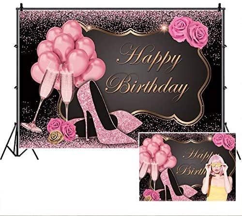Rose Gold Glitter Happy Birthday Backdrop,Yeele 9x6ft Sweet Pink Balloons Sequin High Heels Champagne Flower Birthday Photography Background for Women Girl Party Supplies Cake Table Decoration Banner