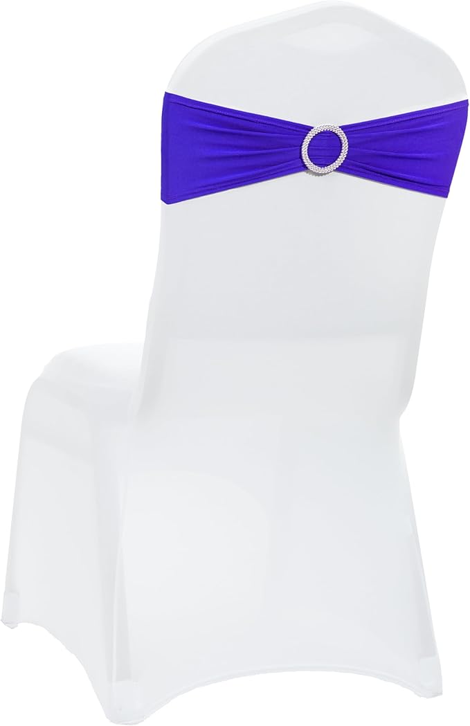 VDS - Royal Blue | Spandex Chair Sashes Bows | 300 PCS | Stretch Elastic Banquet Universal Folding Chair Band Tie with Silver Buckle Slider for Wedding Party Conference Celebration Event Decoration