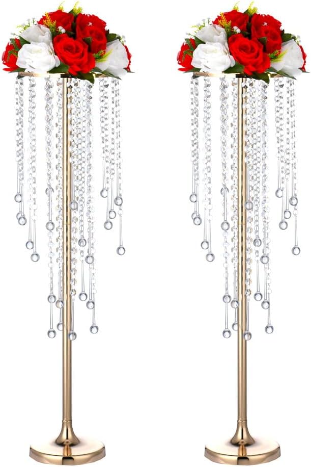 2Pcs 29.5 inches Gold Flower Vases with Chandelier Crystal Wedding Centerpieces for Tables, Gold Metal Flower Stand Arrangement, Bulk Metal Centerpieces Vases for Party Reception Ceremony Decoration