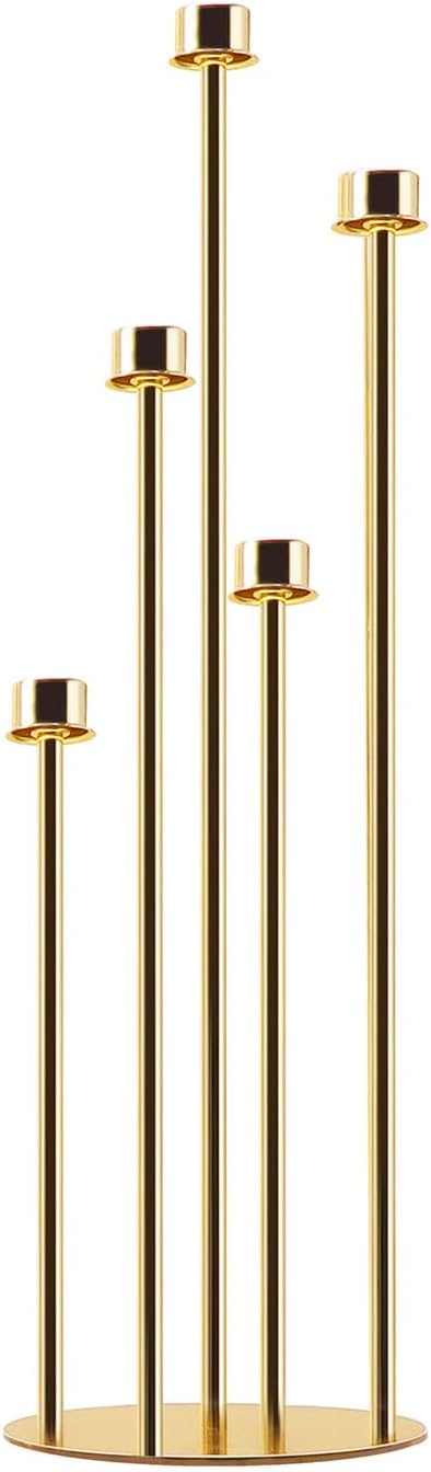Gold Candelabra with Glass Cylinders for Real Candles 5 Arms Metal Candle Holder Wedding Event Party Home Decoration Centerpiece (1, L)