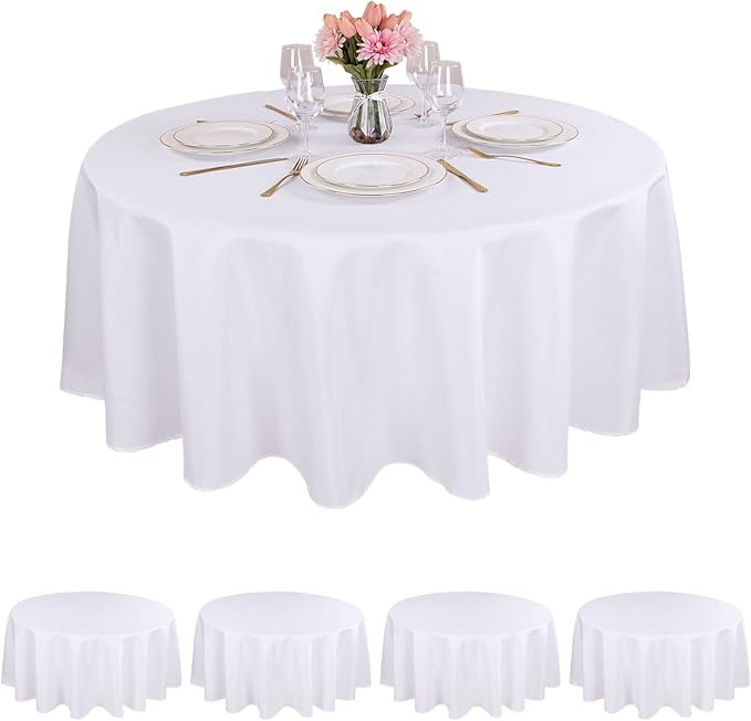 Kesfey 4 Packs Round Tablecloth 70 Inches White Polyester Table Cloths Stain and Wrinkle Resistant Tablecloths for Round Tables Washable Circle Fabric Tablecovers for Wedding Camping Banquet Parties