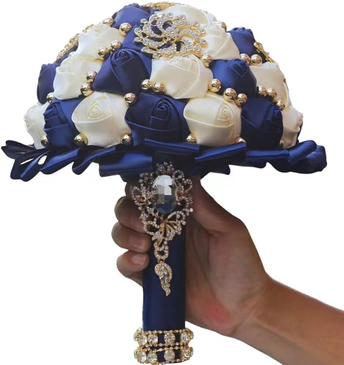 Gold Brooch Wedding Bridal Bouquet for Bride Bridesmaid Quinceanera with Bling Rhinestone Pearl Satin Rose Flower Bouquet Wedding Navy Blue and Ivory 8.3in