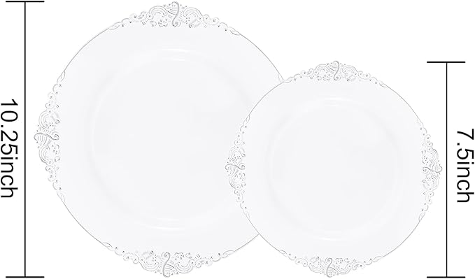 102PCS White and Silver Plastic Plates - Heavyweight Silver Plate - Wedding Plate with Silver Rim - Fancy Dinner & Dessert Plates for 51 Guests Weddings & Parties (Pack of 2)