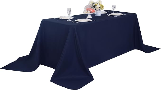 2-Pack 90x132 inch Navy Blue Table Cloths, Solid Stain and Wrinkle Resistant Oblong Tablecloth, Premium Plain Weave Polyester Fabric Rectangle Table Linen Covers for Hotel, Wedding