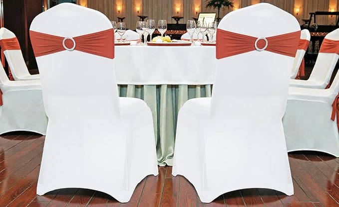 VDS - Terracotta | Spandex Chair Sashes Bows | 150 PCS | Stretch Elastic Banquet Universal Folding Chair Band Tie with Silver Buckle Slider for Wedding Party Conference Celebration Event Decoration