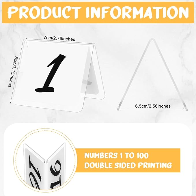 Suzile Table Numbers 1-100, 100-piece Double Sided Gold Acrylic Table Number Tents, 3.15" x 2.75" Number Signs for Receptions, Banquets, Restaurants, and Wedding (White and Black)