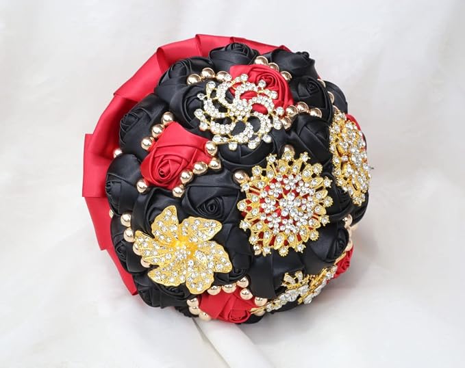 Burgundy and Black Bridal Wedding Bouquet Luxury Gold Rhinestone Brooch Bouquet for Bride Bridesmaid Quinceanera Satin Rose Artificial Flower Bouquet Wedding 7.1in