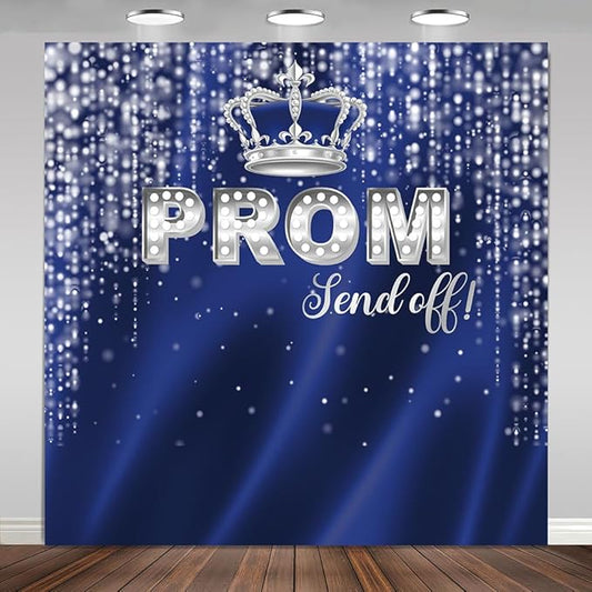 Prom Send Off Backdrop 8x8ft Blue and Silver 2026 Graduation Photography Background Party Decorations Class of 2026 Congrats Grad Banner Photo Booth Props