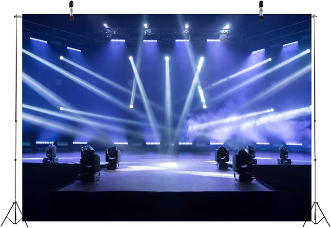 BELECO 15x8ft Fabric Music Concert Stage Backdrop with Stage Spotlights - Blue - Band & Festival Background for Live Shows, Photo Booth, Studio Props