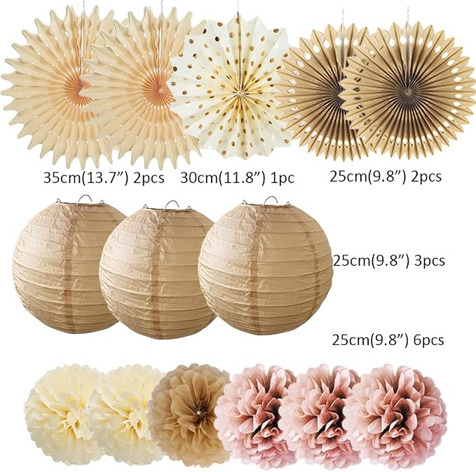 Pink Champagne Party Decorations Dusty Rose Champagne Gold Beige Boho Party Decorations Neutral Cream Pom Poms Paper Lanterns for Rustic Pink and Brown Birthday Baby Shower Wedding Engagement