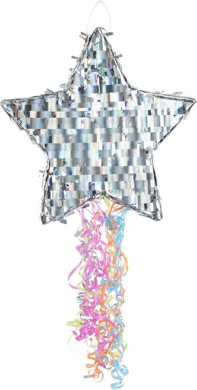 Sparkle and Bash Star Pinata with Pull Strings - Silver, 13 x 13 x 3 in - Space Theme Birthday Decoration & Baby Shower Supply - Pinatas with Pull Strings for Kids & Adults