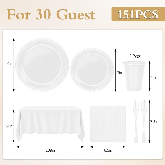 White Plastic Plates for Party,Disposable White Party Supplies,30 of Each 9" Dinner,7" Dessert Plate,Napkins,Cups,Forks and 1 Tablecloth Dinnerware for Birthday Wedding All Occasion