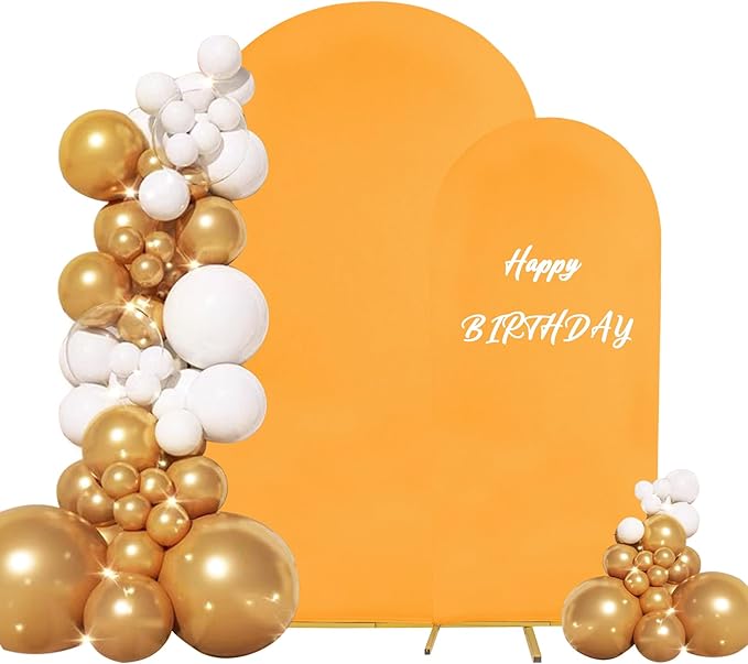 Set of 2 Gold Wedding Arch Stand Cover Round Top Spandex Fitted Arch Cover for Baptism Birthday Party Baby Shower Wedding Arch Stand Decoration（7.2FT, 6FT）