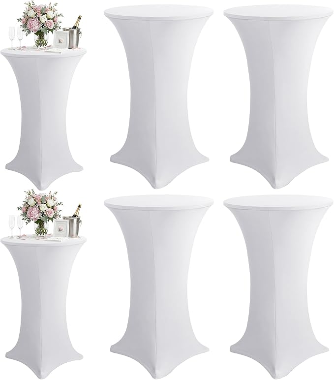 KeyWave Cocktail High Top Table Covers - 32x43 Inch Fitted Spandex Round Cocktail Tablecloth for Bar Height Standing Table Cloths Reusable, for Party Wedding Banquet Event Decorations, White, 6 Pack