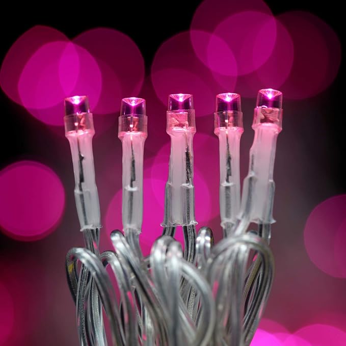 YULETIME 300 Pink String Lights, 100 ft 8 Models Clear Wire Wide Angle LED | 5mm Bulbs, Safe 29V Adapter, Multimode Lighting, Connectable, 100' Total Length, 1-Strand 300 Lights, 4" Spacing