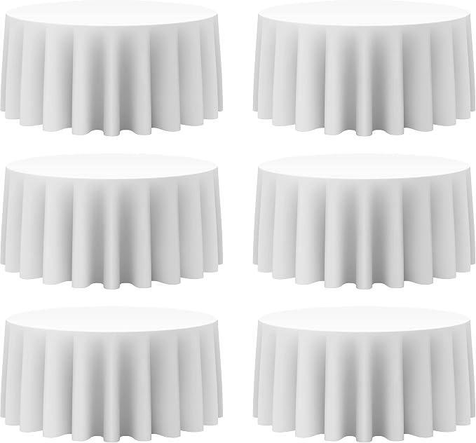 BRILLMAX 6 Pack White Round Tablecloths 132 Inch for 72” Tables - 150 GSM Polyester Fabric, Floor Length Drop, Water, Stain & Wrinkle Resistant Cloth Cover for Wedding Reception Banquet Dining