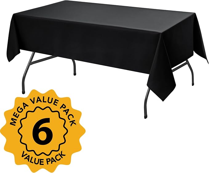 6-Pack Black Tablecloths for Rectangle Tables, 60 x 102 Inches, Stain-Resistant Polyester Fabric for 6 Foot Tables - Washable Table Covers for Weddings, Banquets, Birthday, Parties, Events