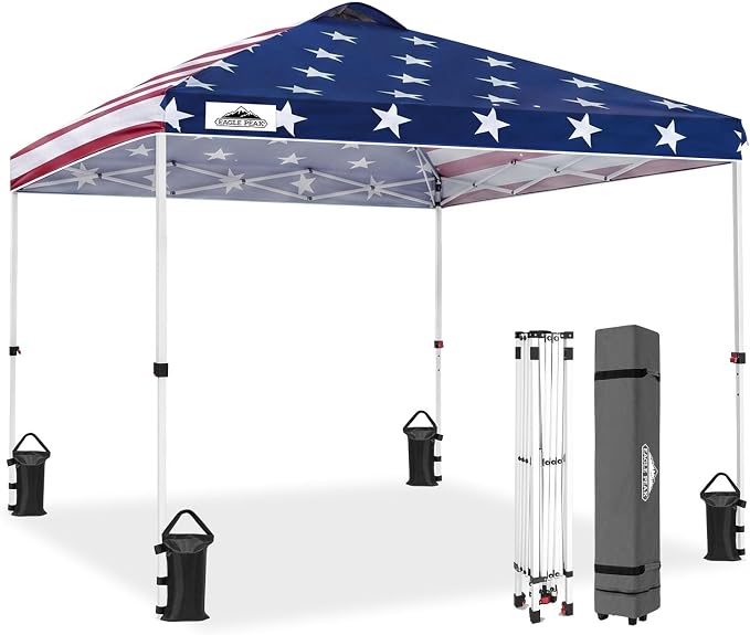EAGLE PEAK Pop Up Canopy Tent with Wheeled Carry Bag, 8 Stakes, 4 Ropes, 4 Weight Bags, Easy Set Up Tent Canopy, 10x10 ft, 100sqft of Shade, American Flag