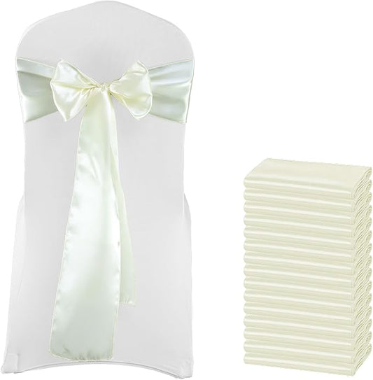 MDS Satin Chair Sashes, 25 Pack, 7”x108” Each, Decorative Chair Bows Ribbon Tie Backs for Wedding Party, Holiday Dinner, Birthday, Reception, Banquet, Hotel & Event Decoration - Ivory