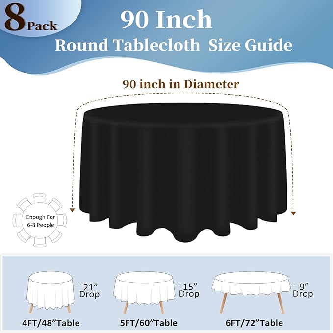 8 Pack Black Round Tablecloths 90 Inch Table Round Table Cloth, Wrinkle Resistant Washable Polyester Fabric Table Cloth Table Cover for Dining Banquet Wedding Party
