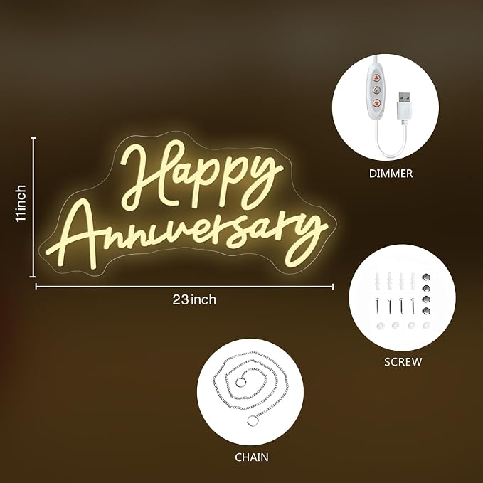Large Happy Anniversary Banner Led Neon Signs for Wall Decorations 23"×11" Wife Husband Parents Wedding Happy Anniversary Sign for12 36 45th Birthday Party Romantic Decor Backdrop