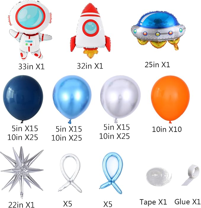 Outer Space Birthday Party Decorations 146Pcs Astronaut Balloon Arch Garland Kit, UFO Rocket Astronaut Foil Balloons, Navy Blue Metallic Silver Blue Balloons for Kids Boys Space Theme Party Decor