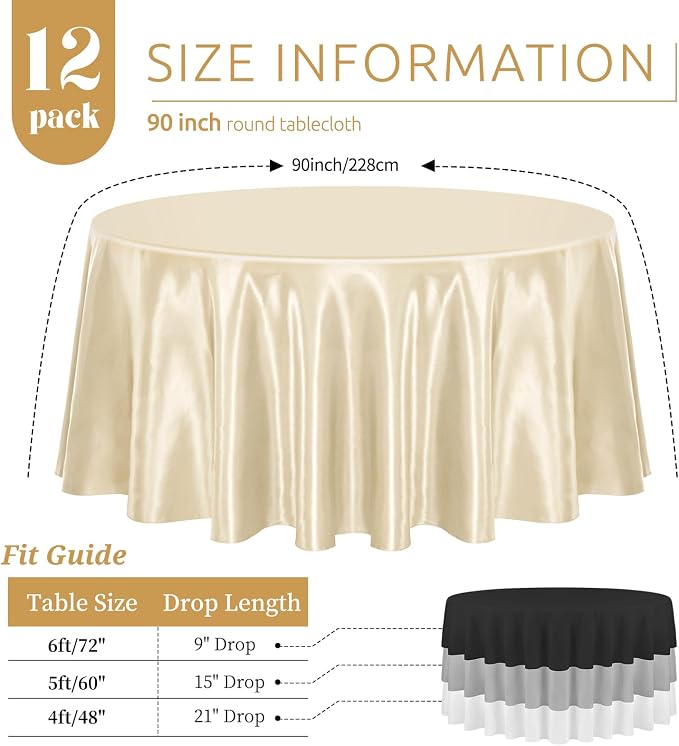 12 Pack 90 Inch Round Tablecloth, Champagne Satin Fabric, Wrinkle & Stain Resistant, Perfect for Weddings & Banquets
