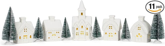 Mark Feldstein & Associates Winter Village with Barn White Unglazed Porcelain Holiday Pre Lit LED Figurines, Set of 11, 5 Inch