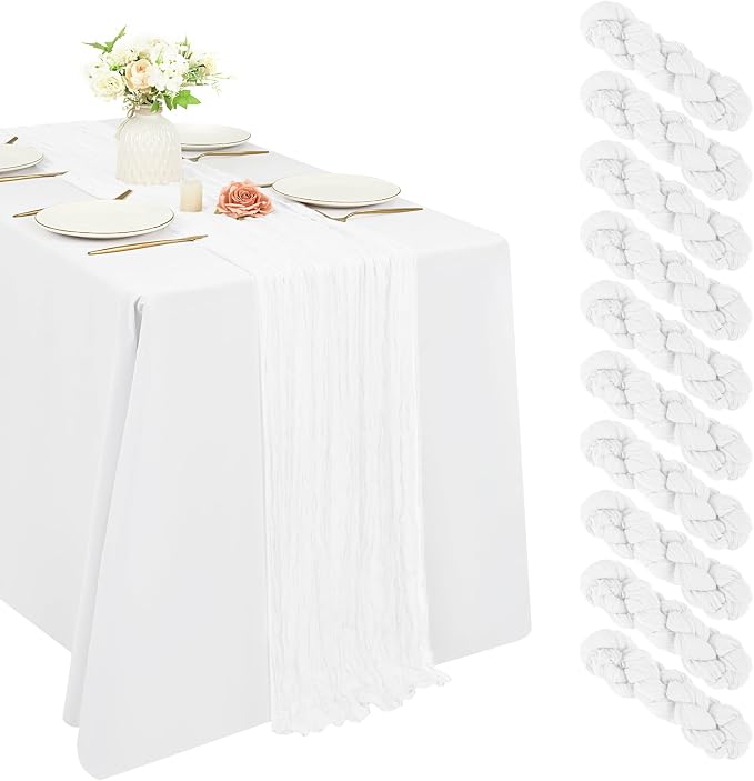 10 Pack Cheesecloth Table Runner 17 x 108 inch Long Boho Gauze Table Runners Semi Sheer Table Runner for Wedding Decor, Baby Shower, Birthday Party, Banquet (White)