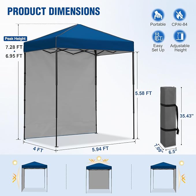 6x4 Pop Up Canopy Tent with One Wall Panel, Instant Portable Beach Canopy, Outdoor Tent with Carry Bag for Camping, Sports, Tailgating, Events, Dark Blue