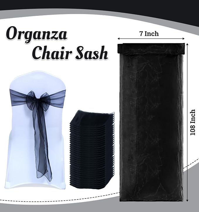 MDS® Pack of 300 Organza Chair Sashes for Wedding Decoration, Reusable Sheer Chair Bows for Banquet Chair Cover, Reception, Bridal Shower, Baby Shower, Birthday Party & Special Events - Black