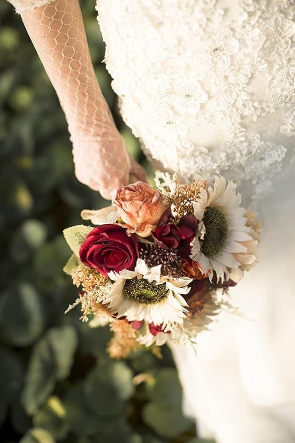 Ansofi 9 Inch Vintage Sunflower Wedding Bouquets for Bride Artificial Burgundy Rose Cascading Bridal Bouquet Burnt Orange Rustic Toss Bouquet for Wedding Ceremony Party Church Decor