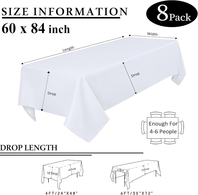 8 Packs White Table Cloth Rectangle 60x84 Inch for 4 Foot Rectangle Tables, Wrinkle Resistant Polyester Fabric Tablecloth Washable Rectangular Table Covers for Dining Wedding Party Buffet