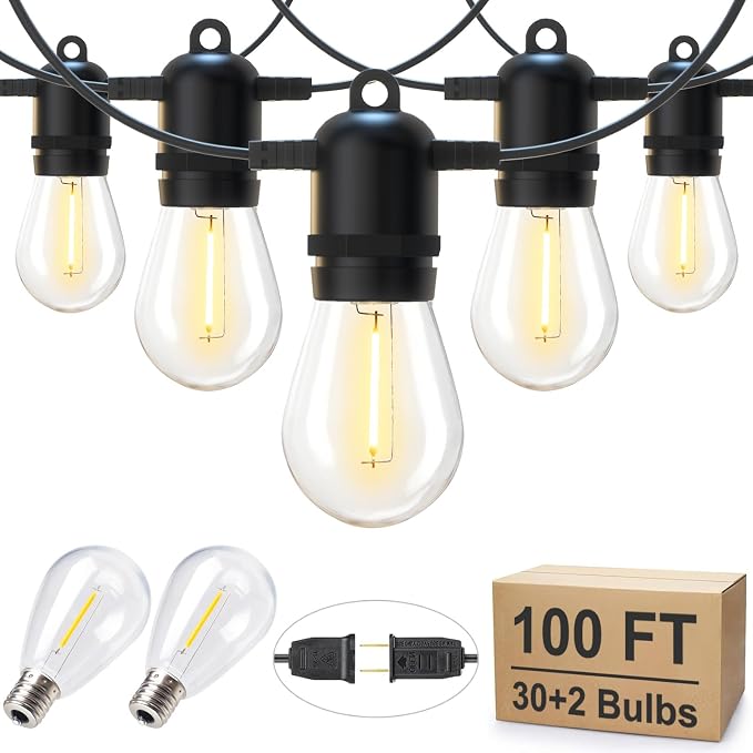 Brightown LED Outdoor String Lights for Patio 100FT with 32 Shatterproof S14 Vintage Edison Bulbs, Waterproof Outside Hanging Lights for Backyard Deck Garden Party Xmas Decor, 2700K
