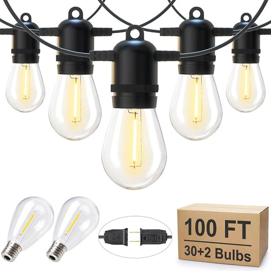 Brightown LED Outdoor String Lights for Patio 100FT with 32 Shatterproof S14 Vintage Edison Bulbs, Waterproof Outside Hanging Lights for Backyard Deck Garden Party Xmas Decor, 2700K