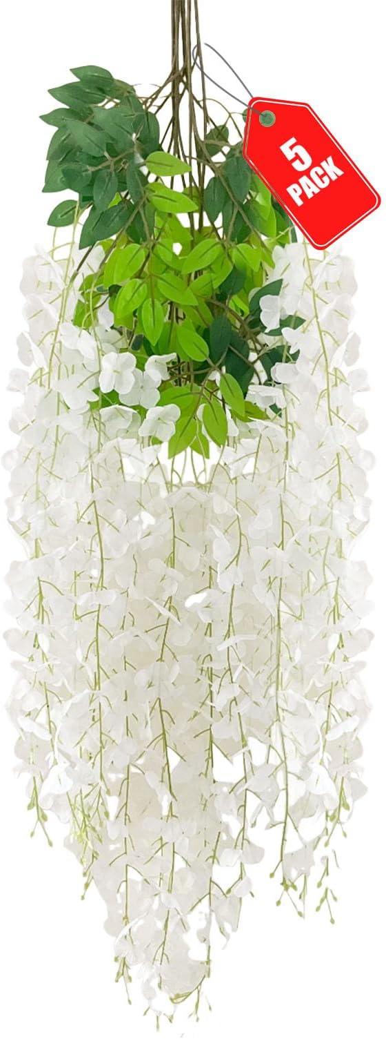 5 Pack White Wisteria Hanging Flowers, 3.44 Ft Fake Hanging Flowers, Artificial Wisteria Garland Vines for Wedding Room Backdrop Outdoor Patio Garden Decoration