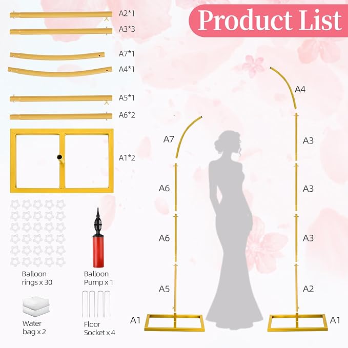 Balloon Arch Stand Kit, Balloon Arch Stand Set of 2 with Metal 7.8FT & 6.2FT Metal Half Gold Wedding Flower Backdrop Stand for Proposal Anniversary Bridal Shower Background Party Decorations