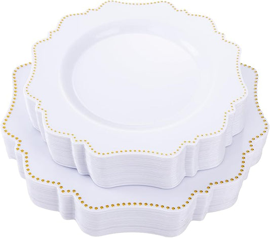 COLOSUS 60pcs White and Gold Disposable Plastic Plates Set, Gold White Party Plates, 30pcs Dinner Plates and 30pcs Salad/Dessert Plates for Wedding, Party, Anniversary, Daily Use